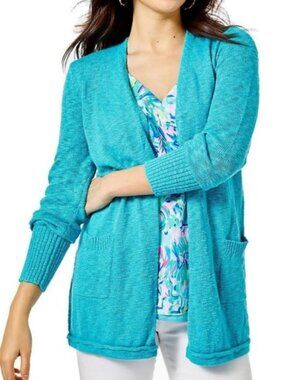 Lilly Pulitzer Breya Cardigan Sweater Women's XL Bermuda Blue Knit Beach Pockets